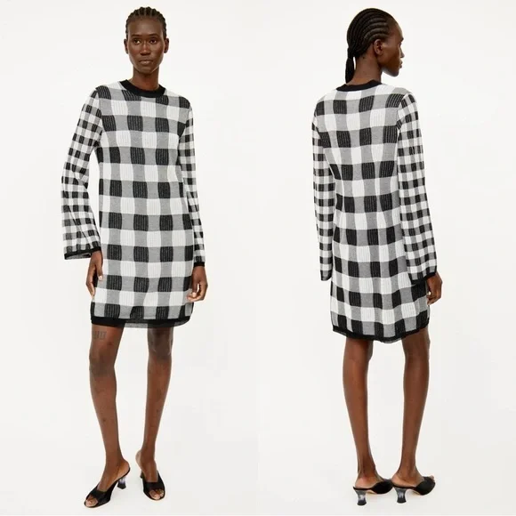 ALEXANDER MCQUEEN Gingham Heritage‎ Plaid Knit Long Sleeve Relaxed Fit Dress XS